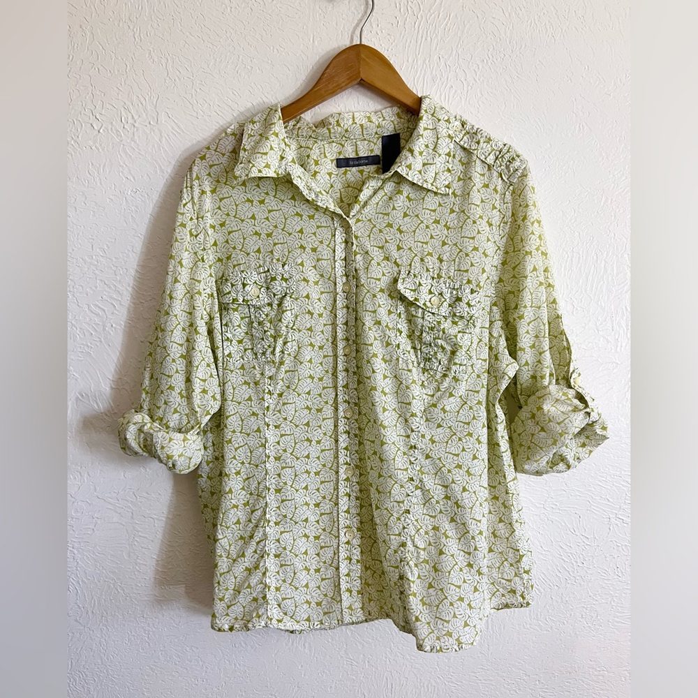 Liz Claiborne Monstera Plant Leaf Long Sleeve Button Up Light Cotton Size XL